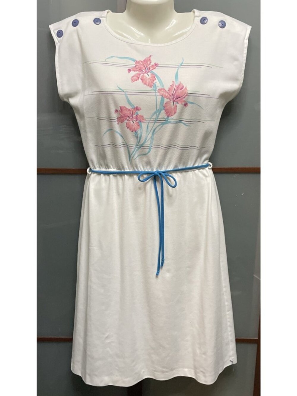 Timely Trends Vintage Size 7/8 White Floral Tie Waist Midi Dress Retro Coastal